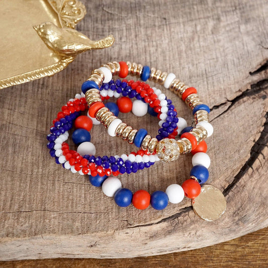 Red, White and Blue Beaded Coin Bracelet Stack