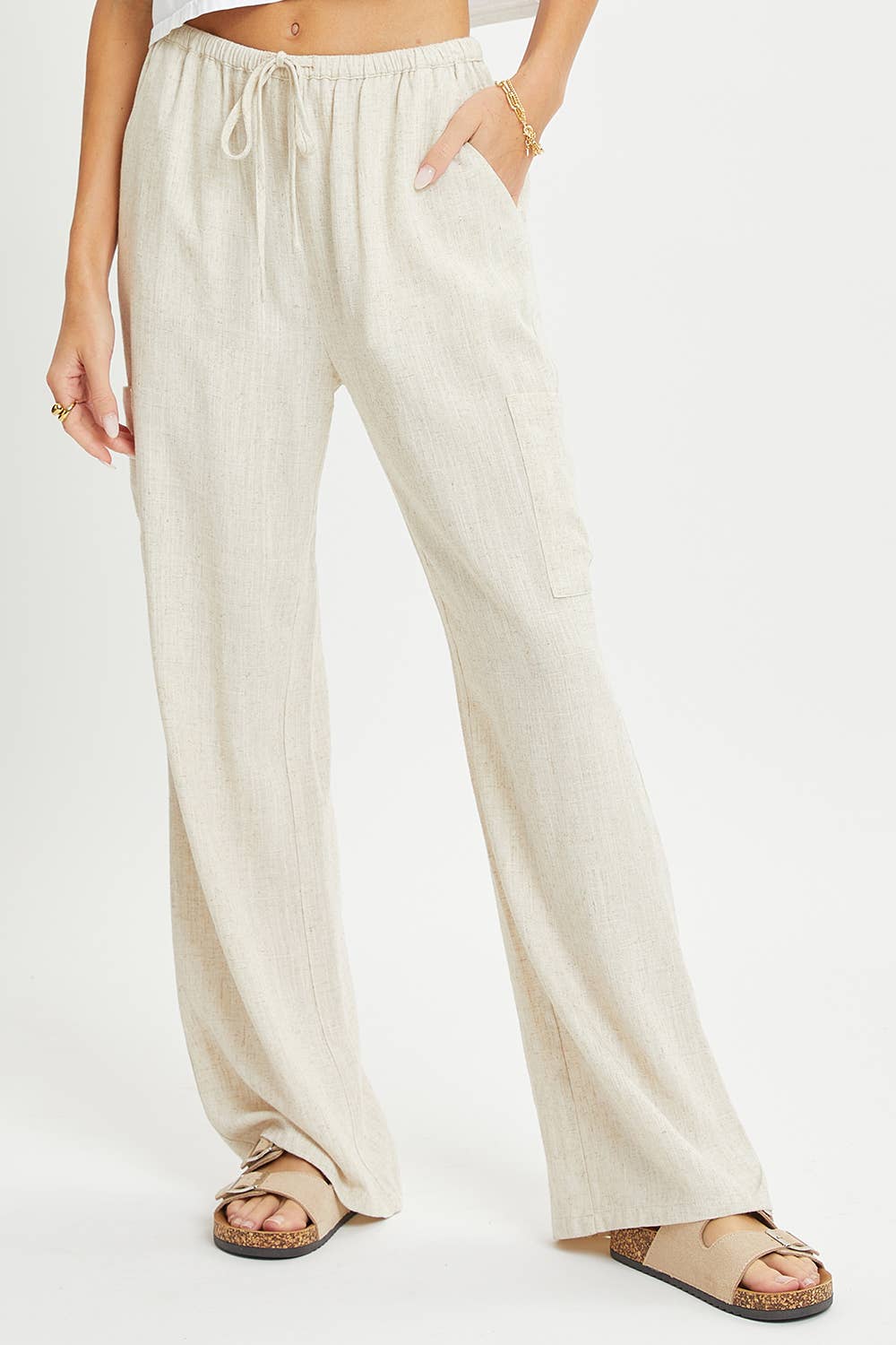 Linen Blend Pull On Drawstring Pants in Oatmeal