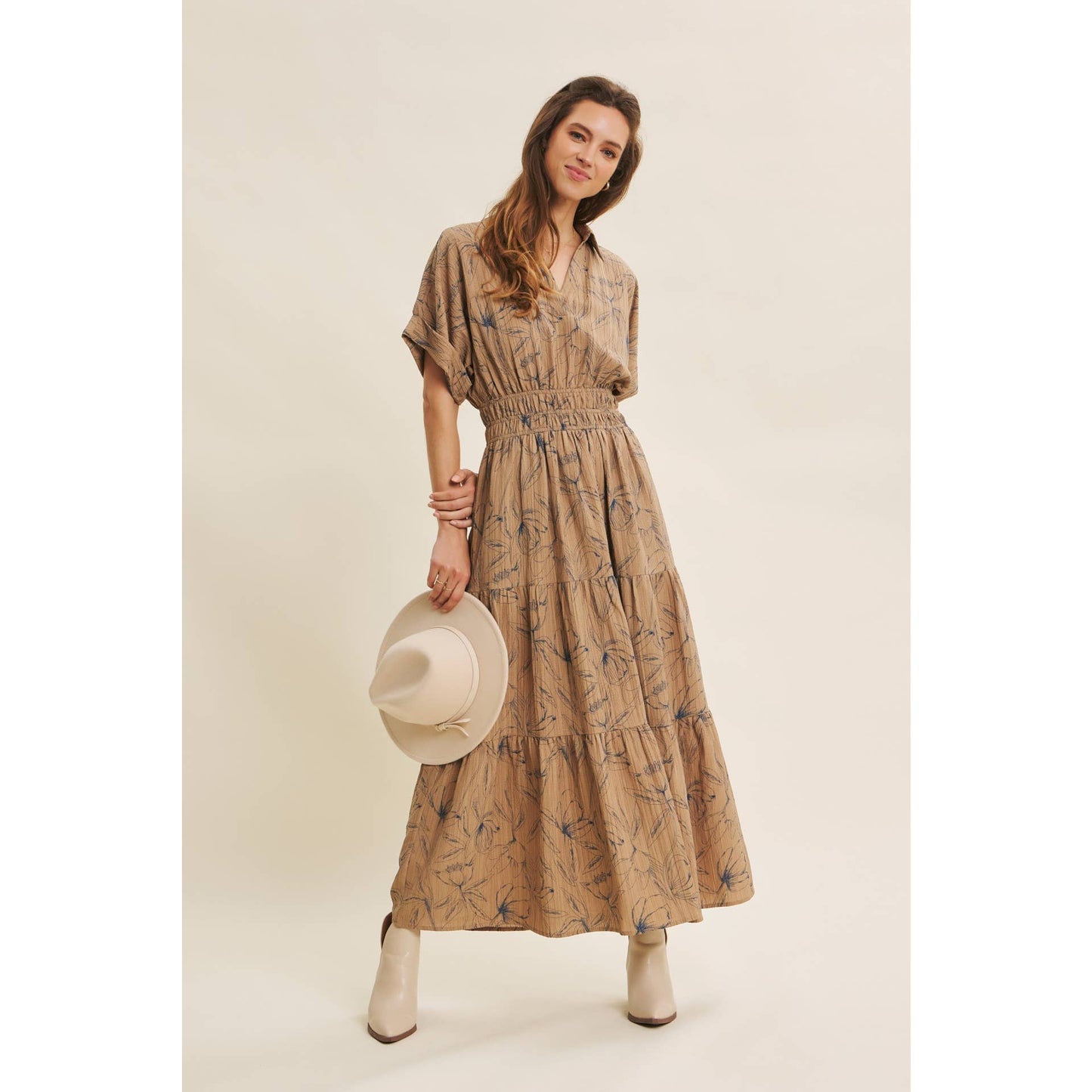 VINTAGE INSPIRED TEXTURED FLORAL MAXI DRESS WITH DOLMAN SLVS