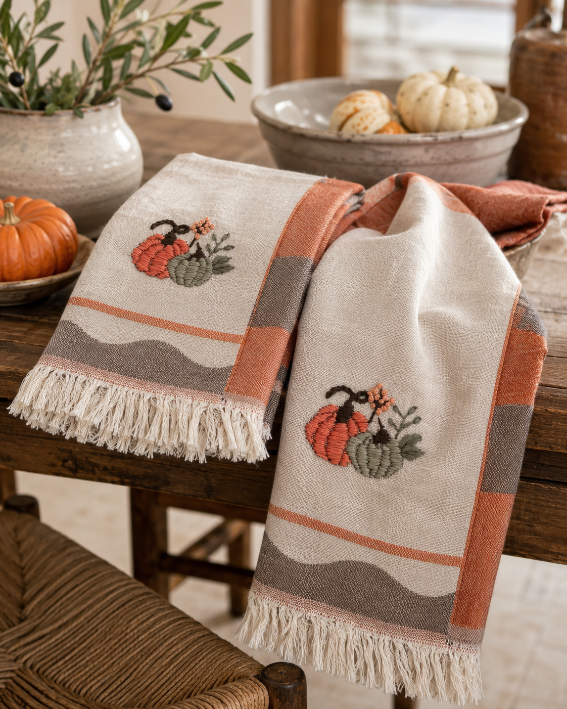 Pumpkin Hand-Stitched Tea Towel Set