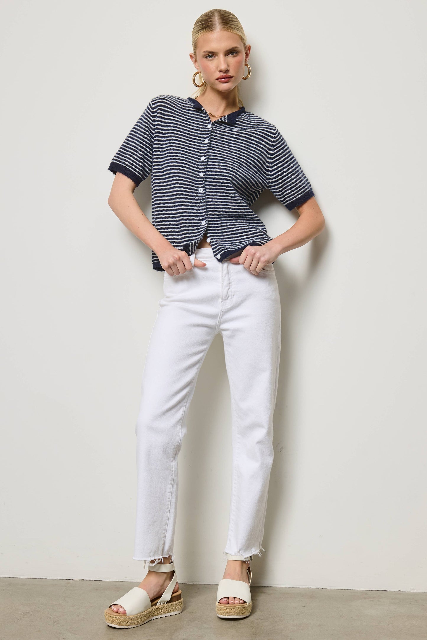 Muse Striped Short Sleeve Button Cardigan