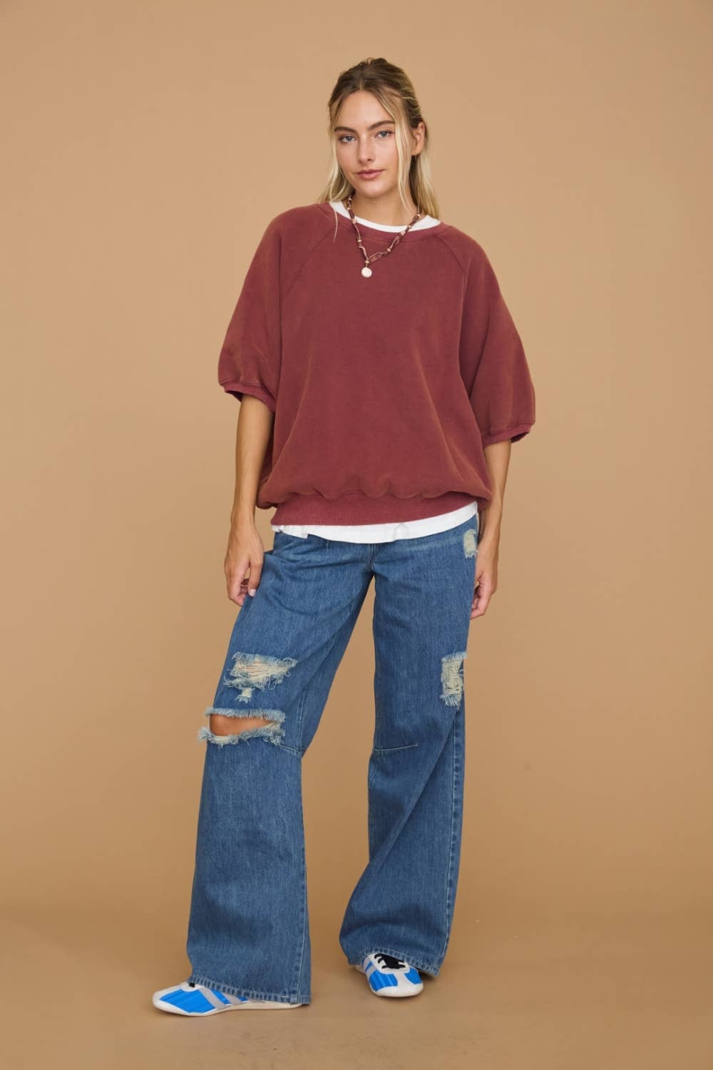Washed Short Puff Sleeve Pullover Sweatshirt
