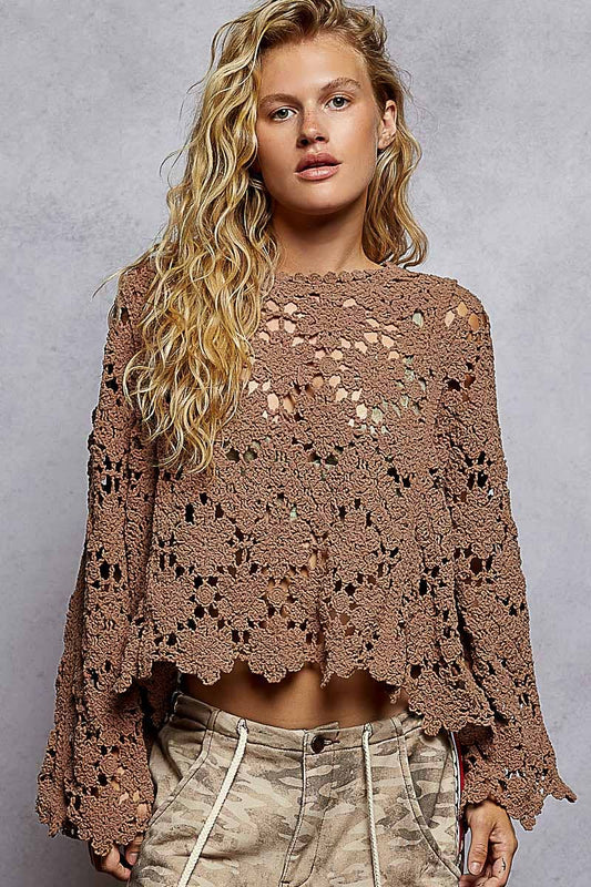 Flare sleeve scalloped edge solid crochet sweater - 2 color options
