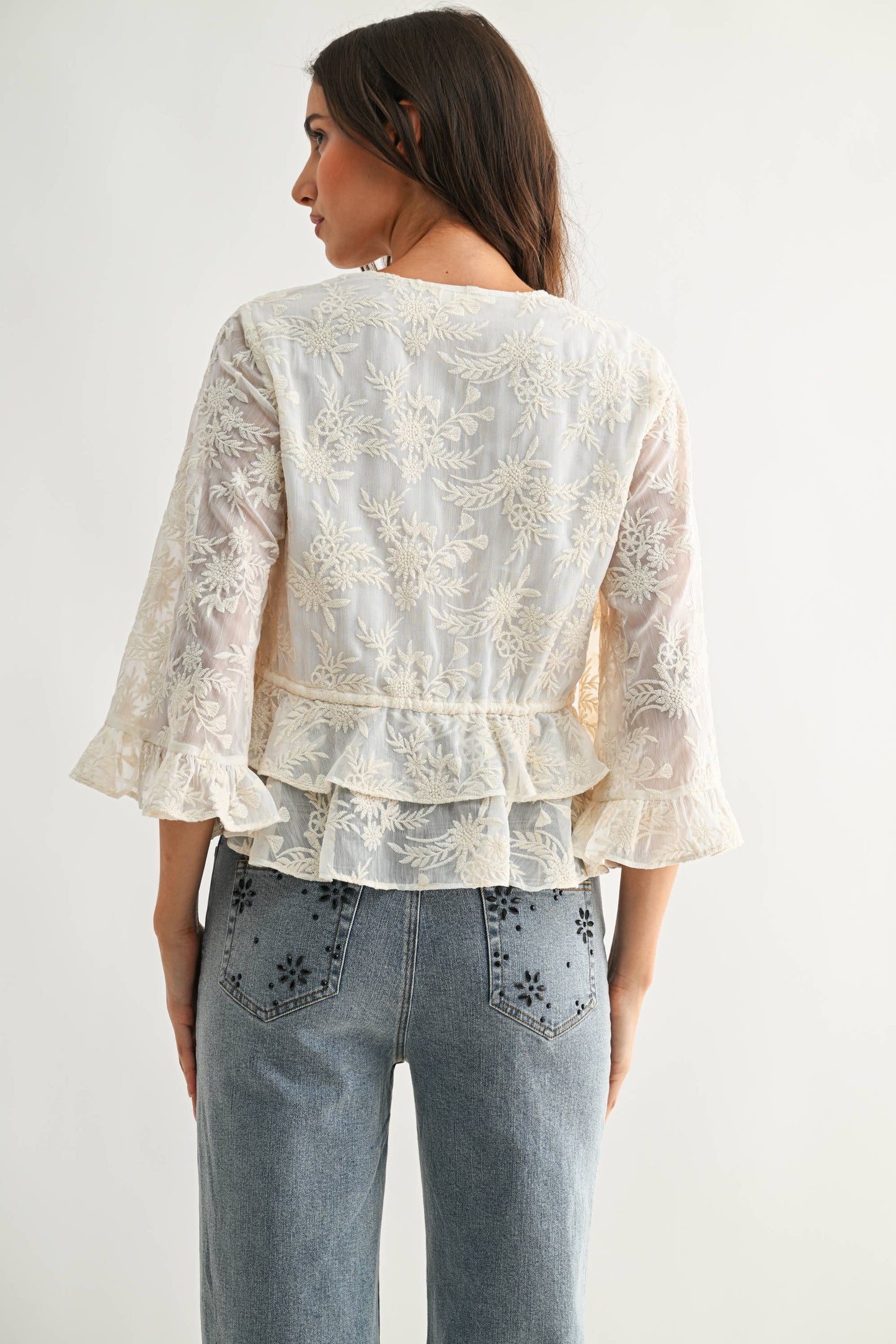 Boho Embroidered Sheer Bell Sleeve Top