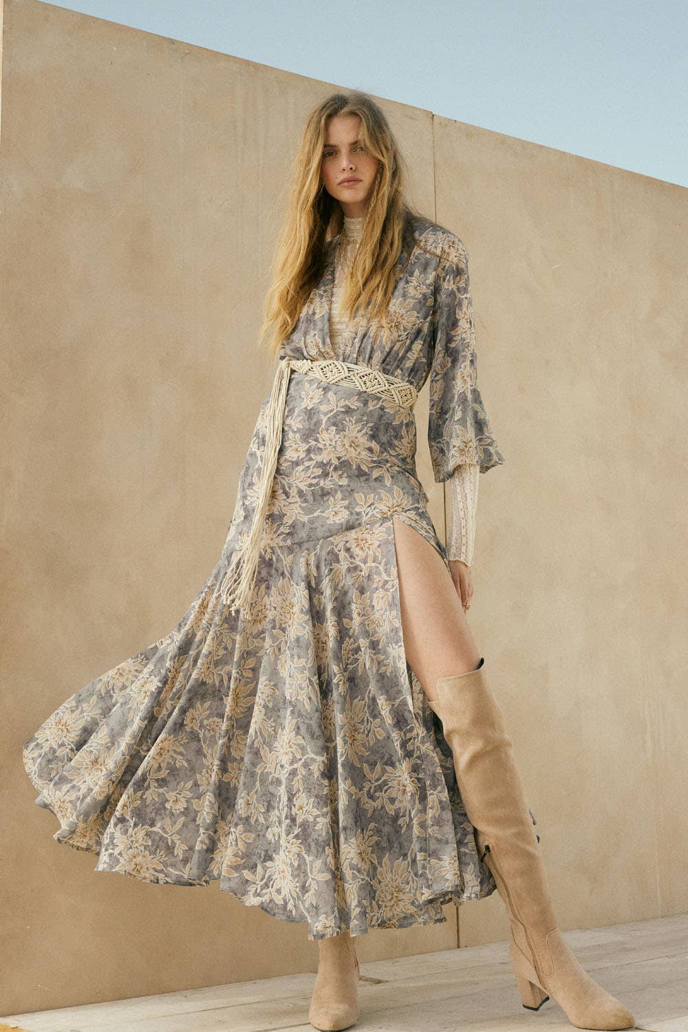 Floral-Print Drop-Waist Bubble-Sleeve Maxi Dress