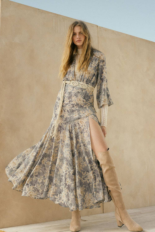 Floral-Print Drop-Waist Bubble-Sleeve Maxi Dress