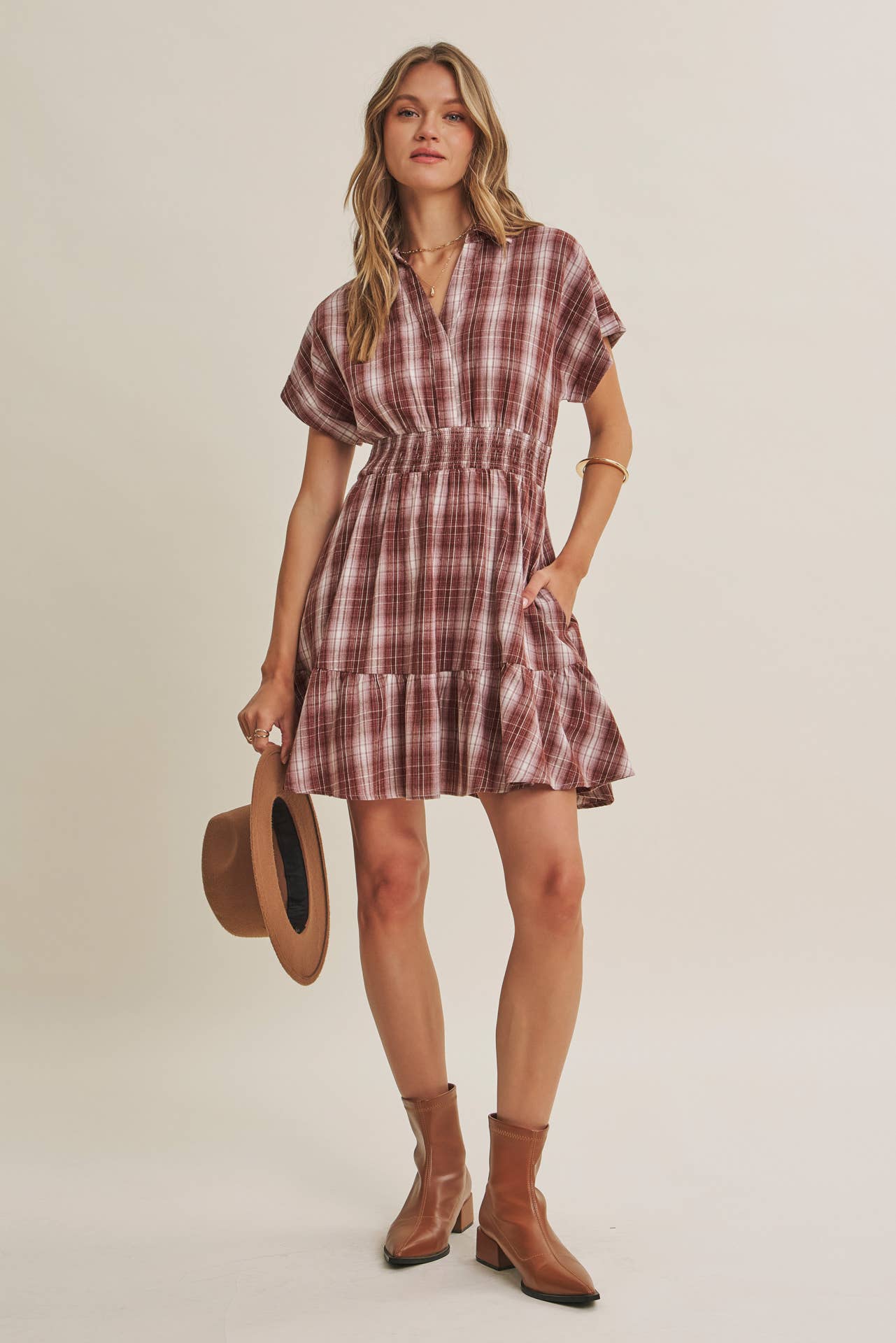 Autumn Picnic Drop Shoulder Plaid Smocked Waist Mini Dress