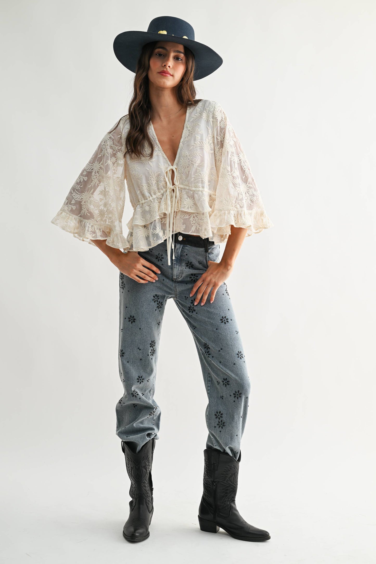 Boho Embroidered Sheer Bell Sleeve Top