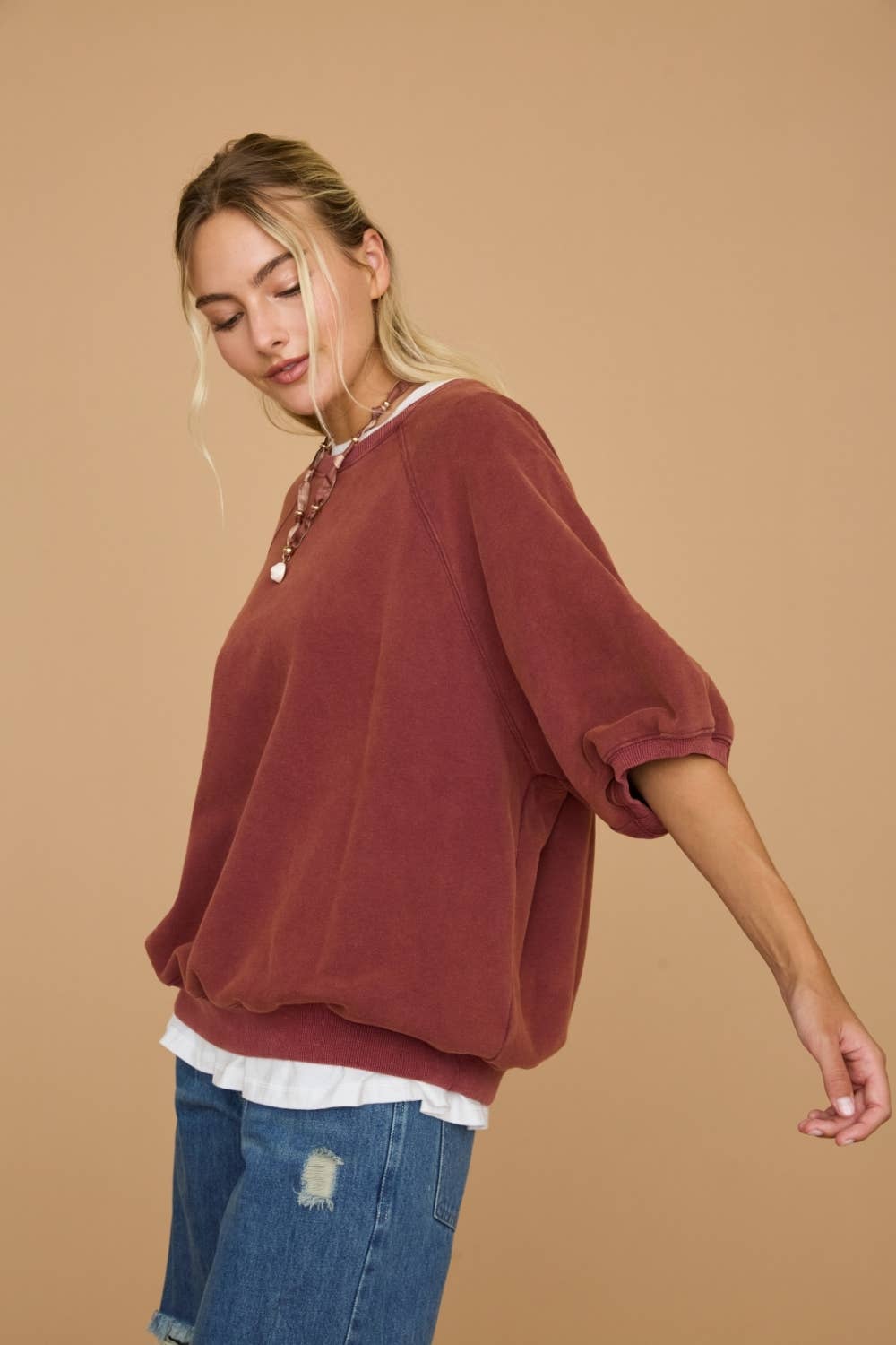 Washed Short Puff Sleeve Pullover Sweatshirt
