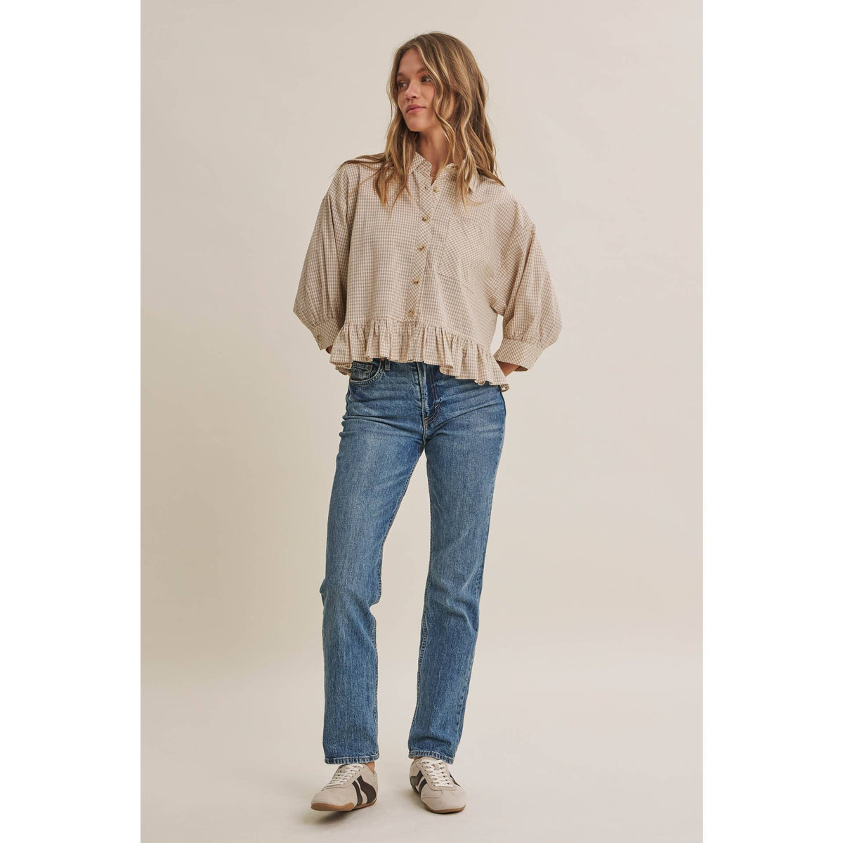 Morning Oat Micro Check Ruffle Hem Button-Down Shirt