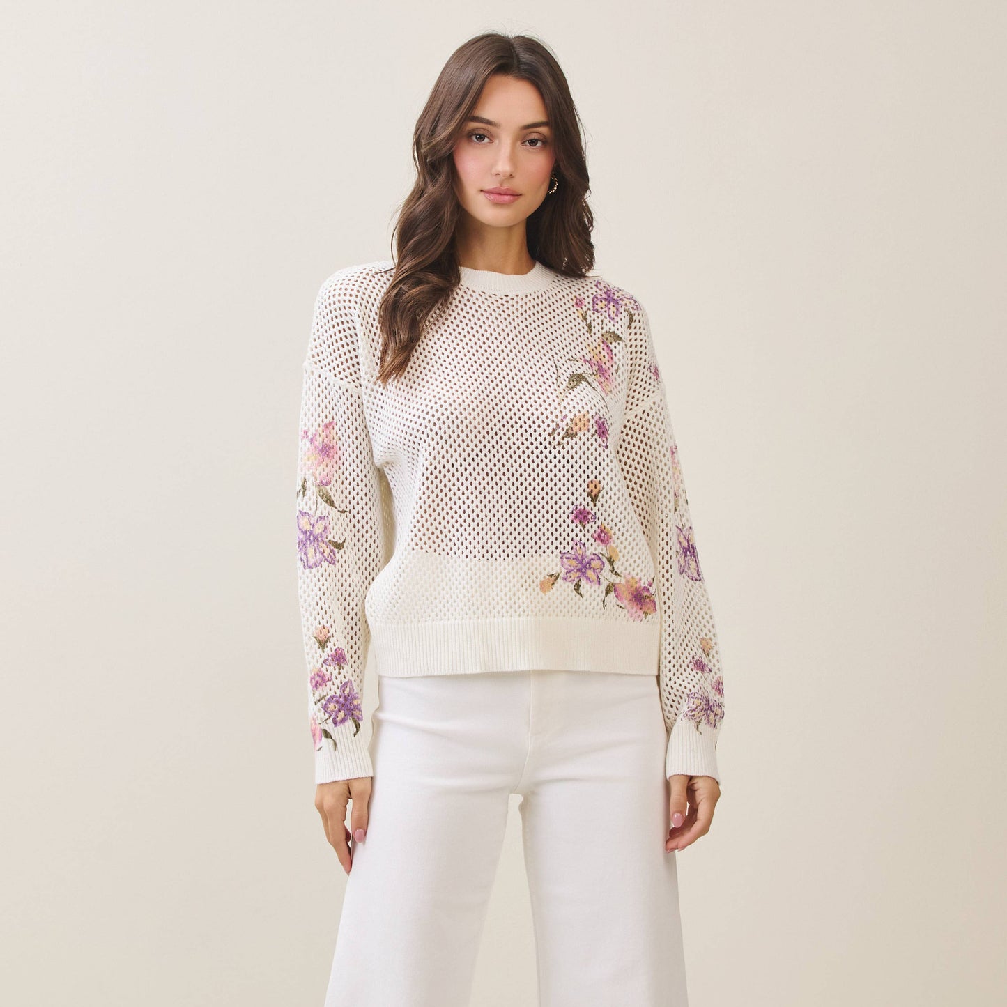 Floral Print Open Knit Sweater
