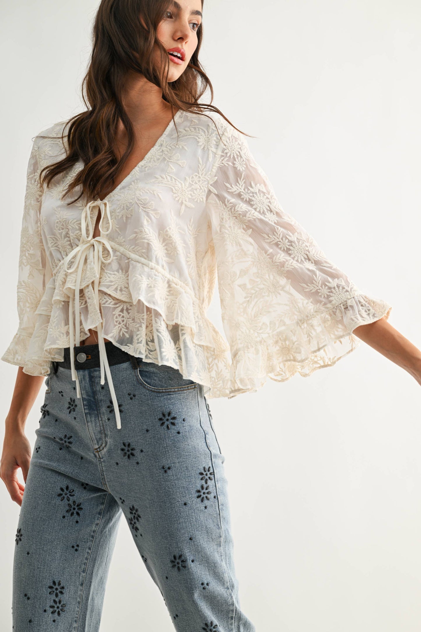 Boho Embroidered Sheer Bell Sleeve Top