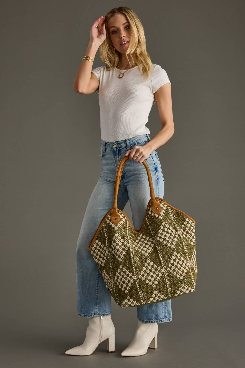 Olive & Cream Diamond Pattern Tote