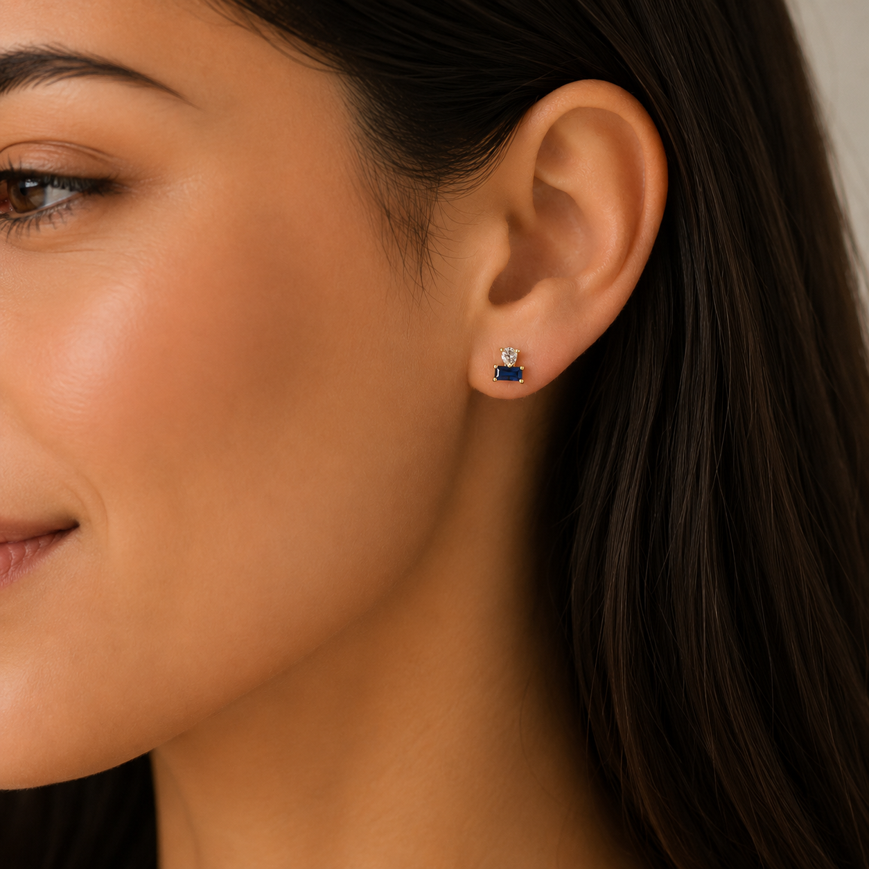 Double Stud Stack - Sapphire - Gold Earrings