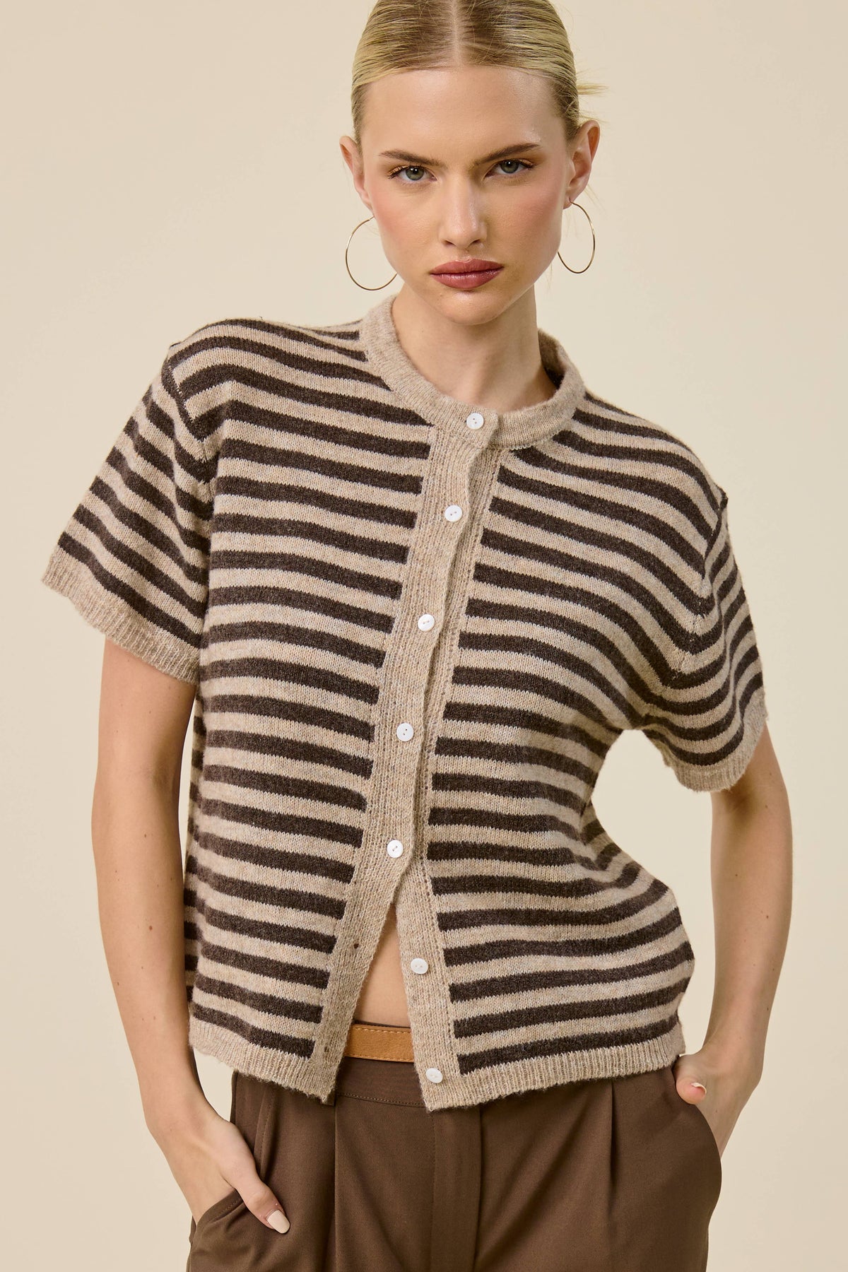 Striped Short Sleeve Knit Cardigan