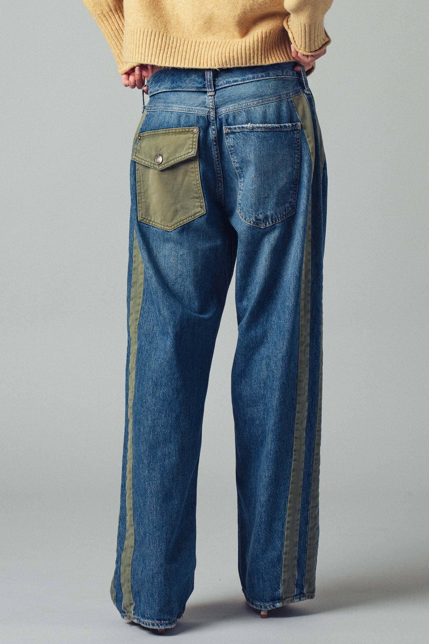 Slouchy Relaxed Wide-Leg Utility Stripe Denim Jeans