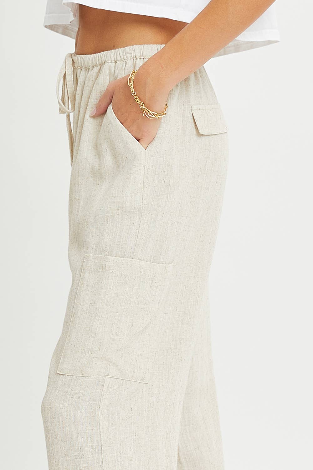 Linen Blend Pull On Drawstring Pants in Oatmeal