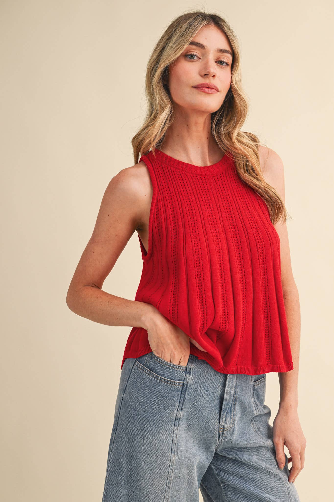 Sleeveless Pointelle Sweater Knit Tank