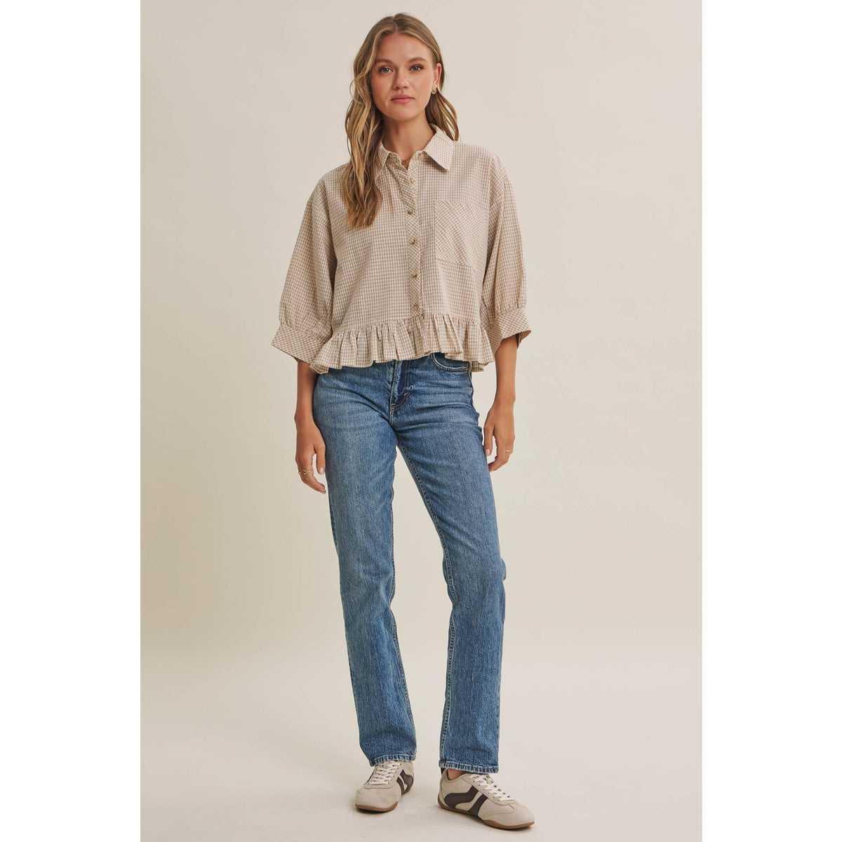 Morning Oat Micro Check Ruffle Hem Button-Down Shirt