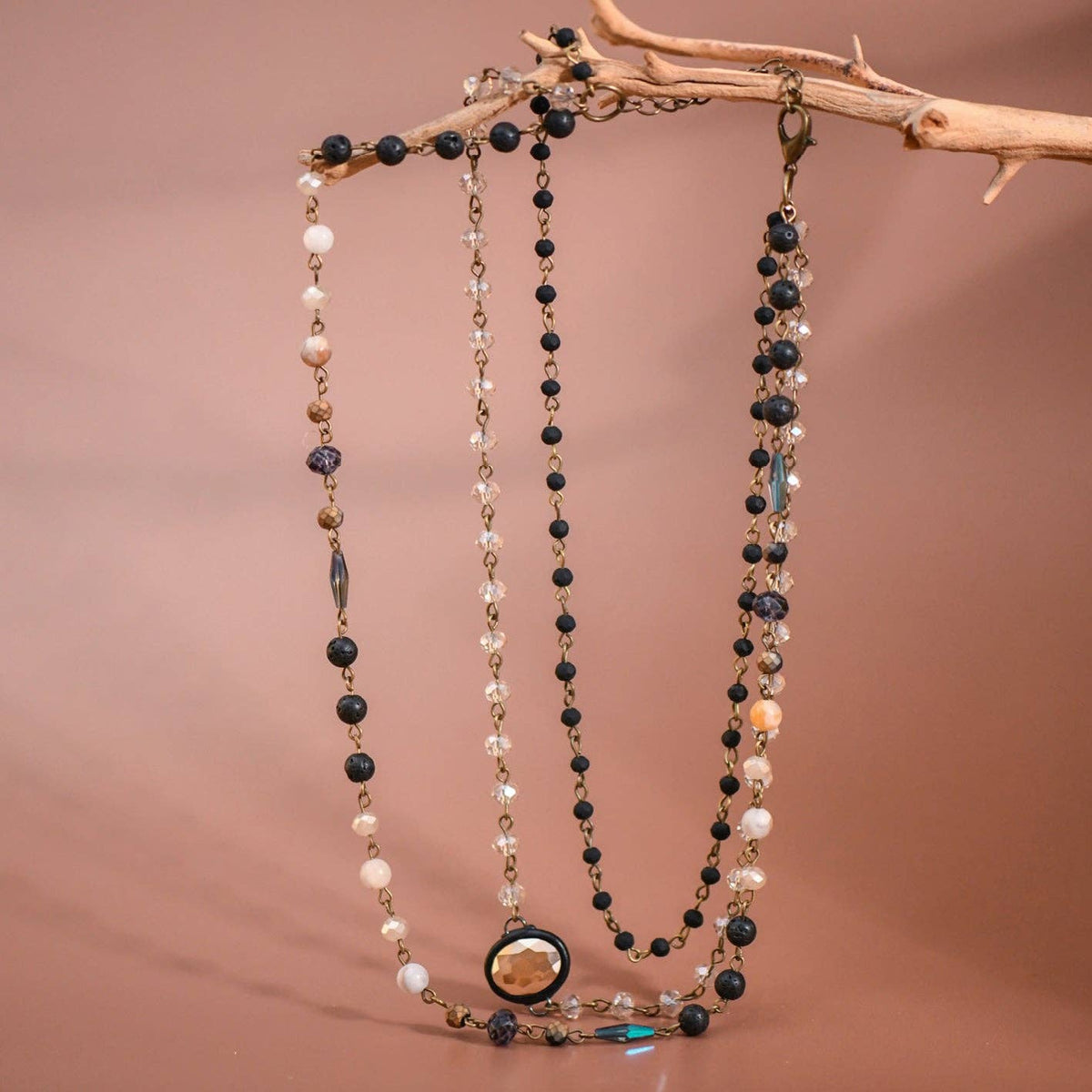 Triple Layered Glass and Stone Necklace