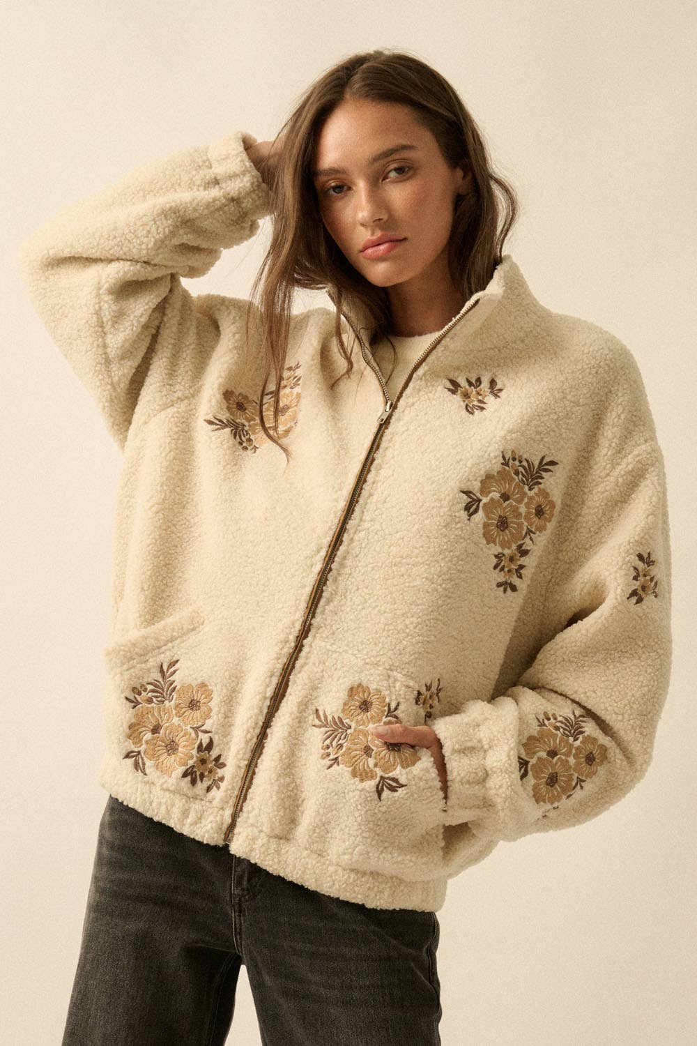 Floral-Embroidered Sherpa Fleece Zip-Up Jacket