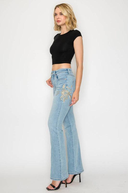 HIGH RISE EMBROIDERED MODERN BOOTCUT JEAN