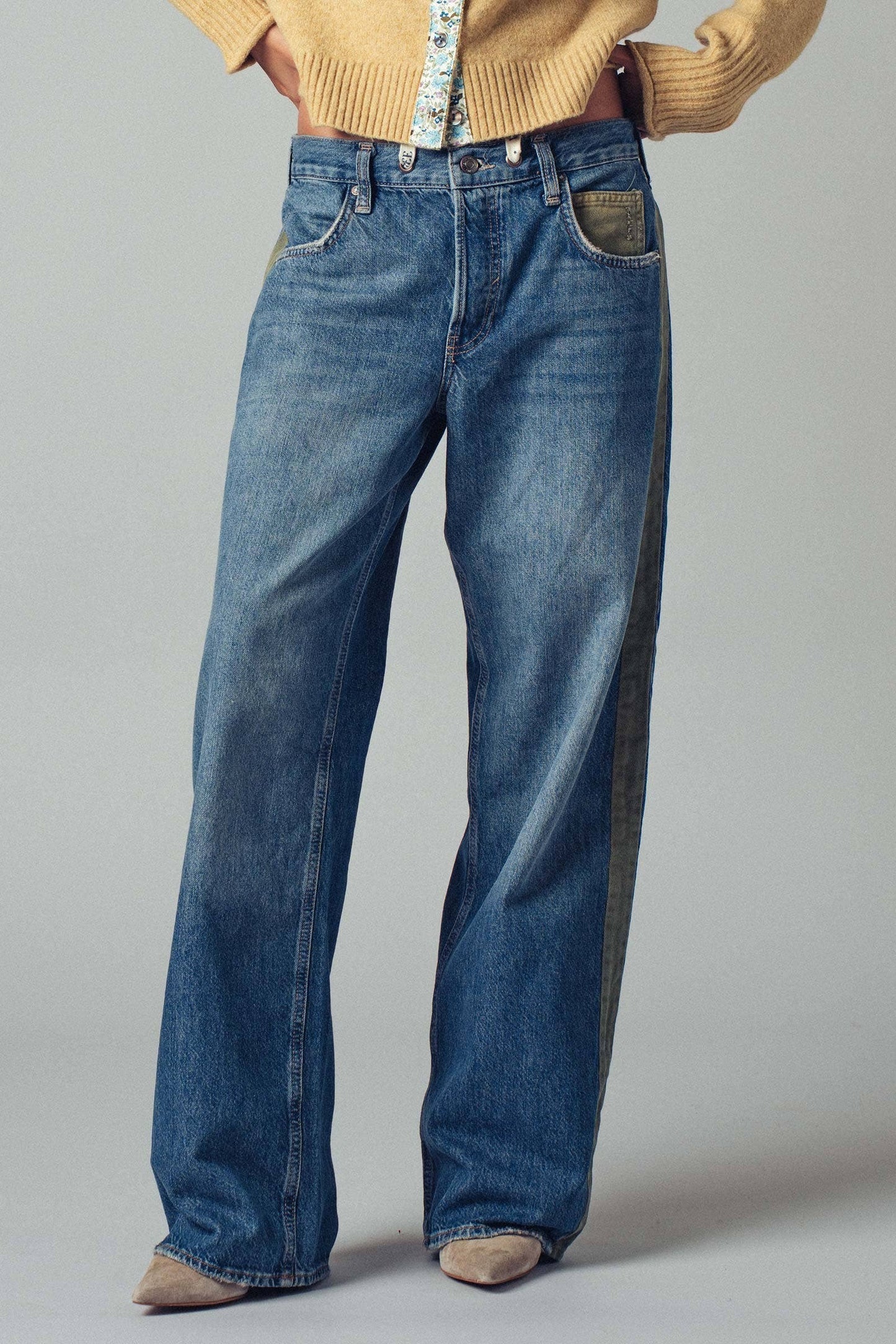 Slouchy Relaxed Wide-Leg Utility Stripe Denim Jeans