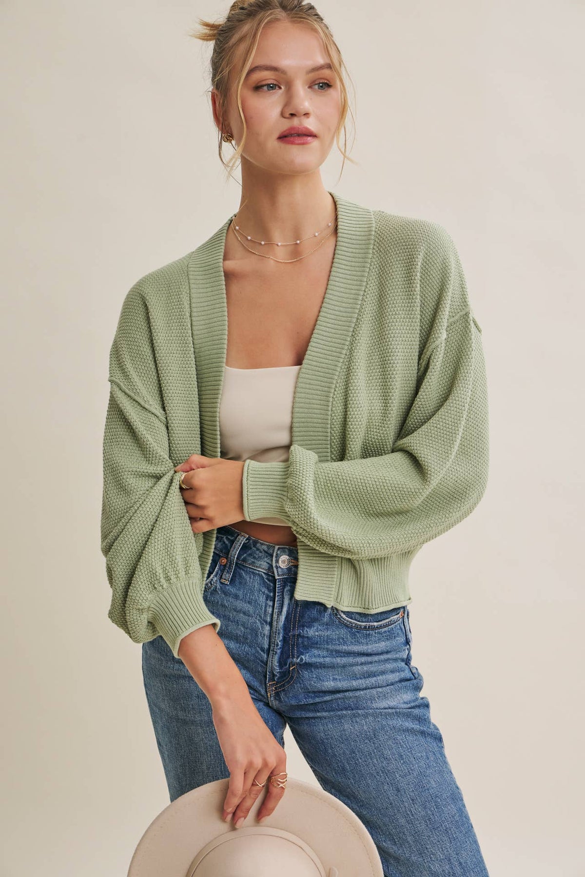 Everyday Essential Easy Layering Balloon Sleeve Waffle Cardigan