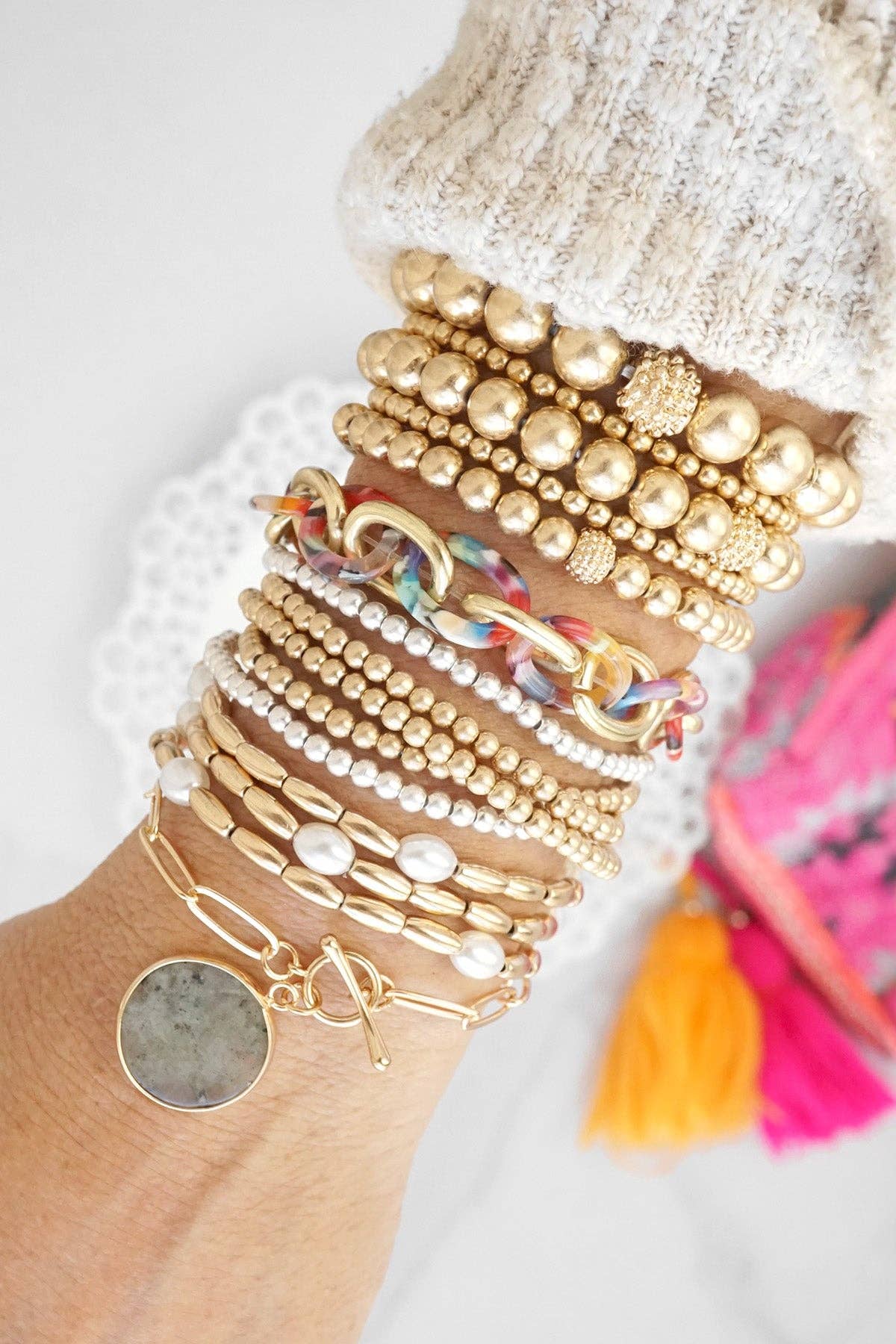 Small Silvery & Gold Beaded Bracelet Stack