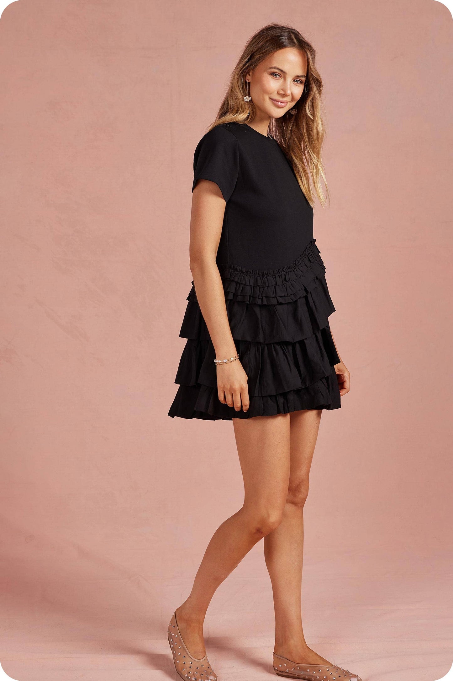Ruffle Frill Asymmetric Tiered Mixed Media Tee Mini Dress