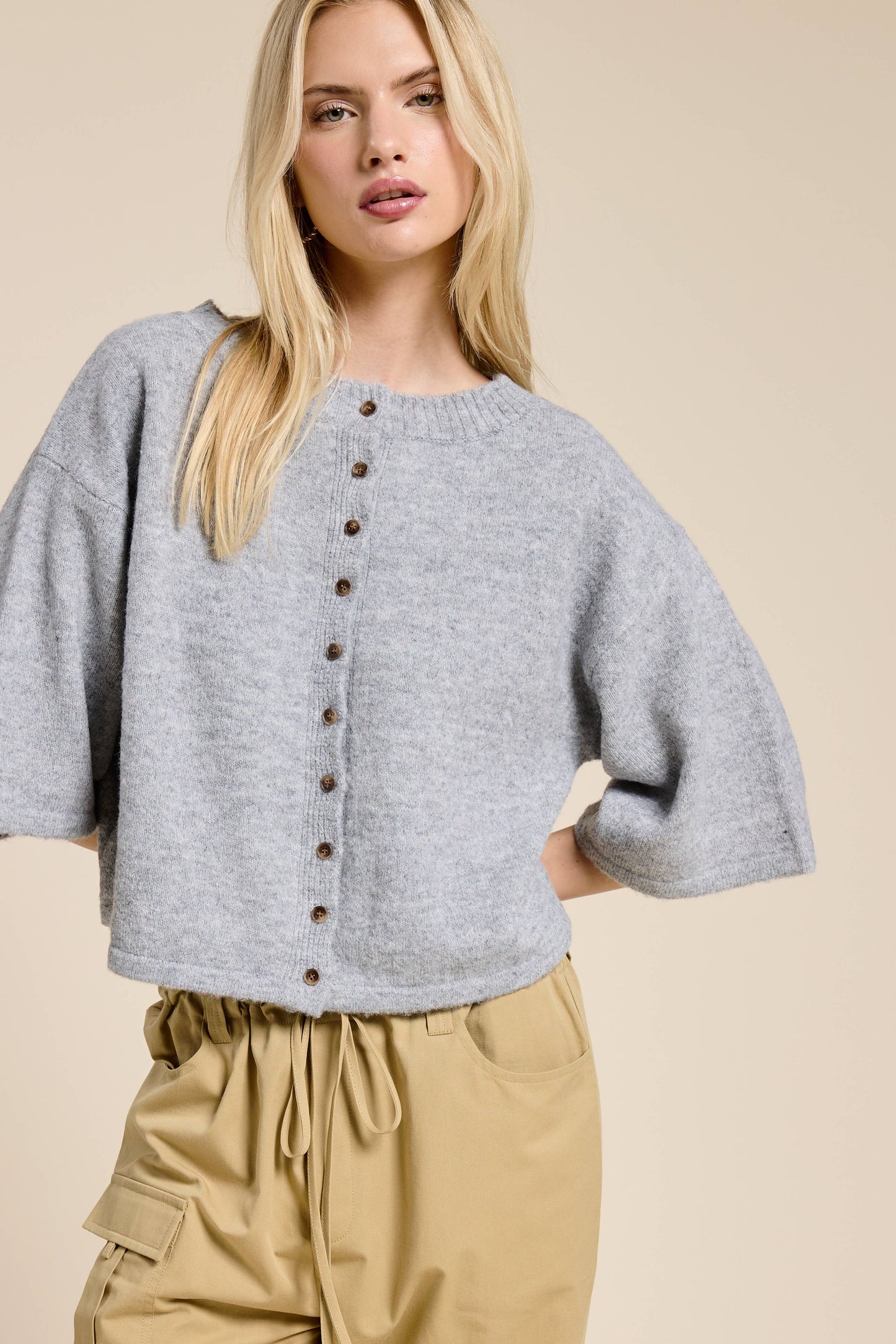 Button Front Short Sleeve Knit Cardigan