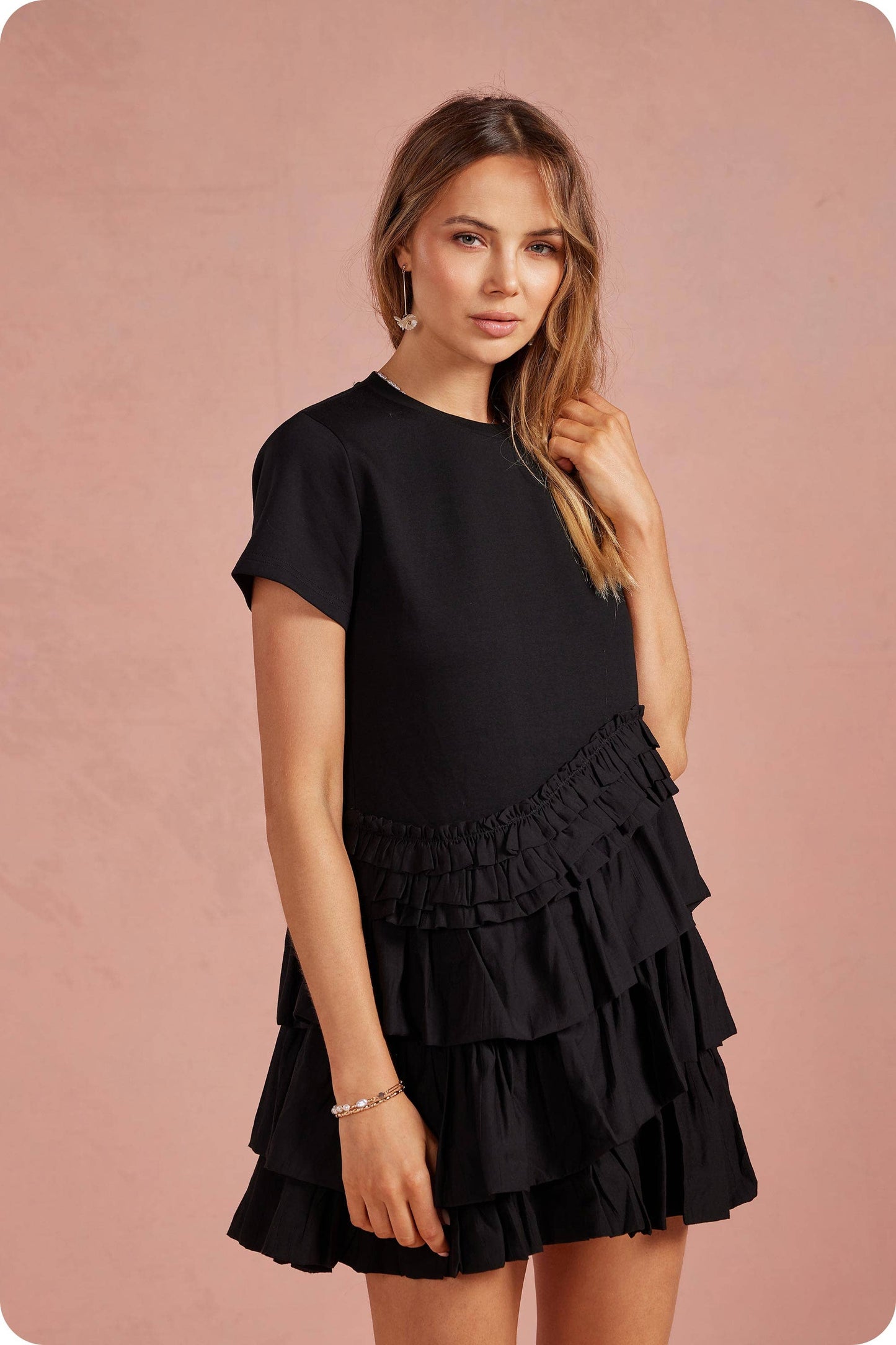 Ruffle Frill Asymmetric Tiered Mixed Media Tee Mini Dress