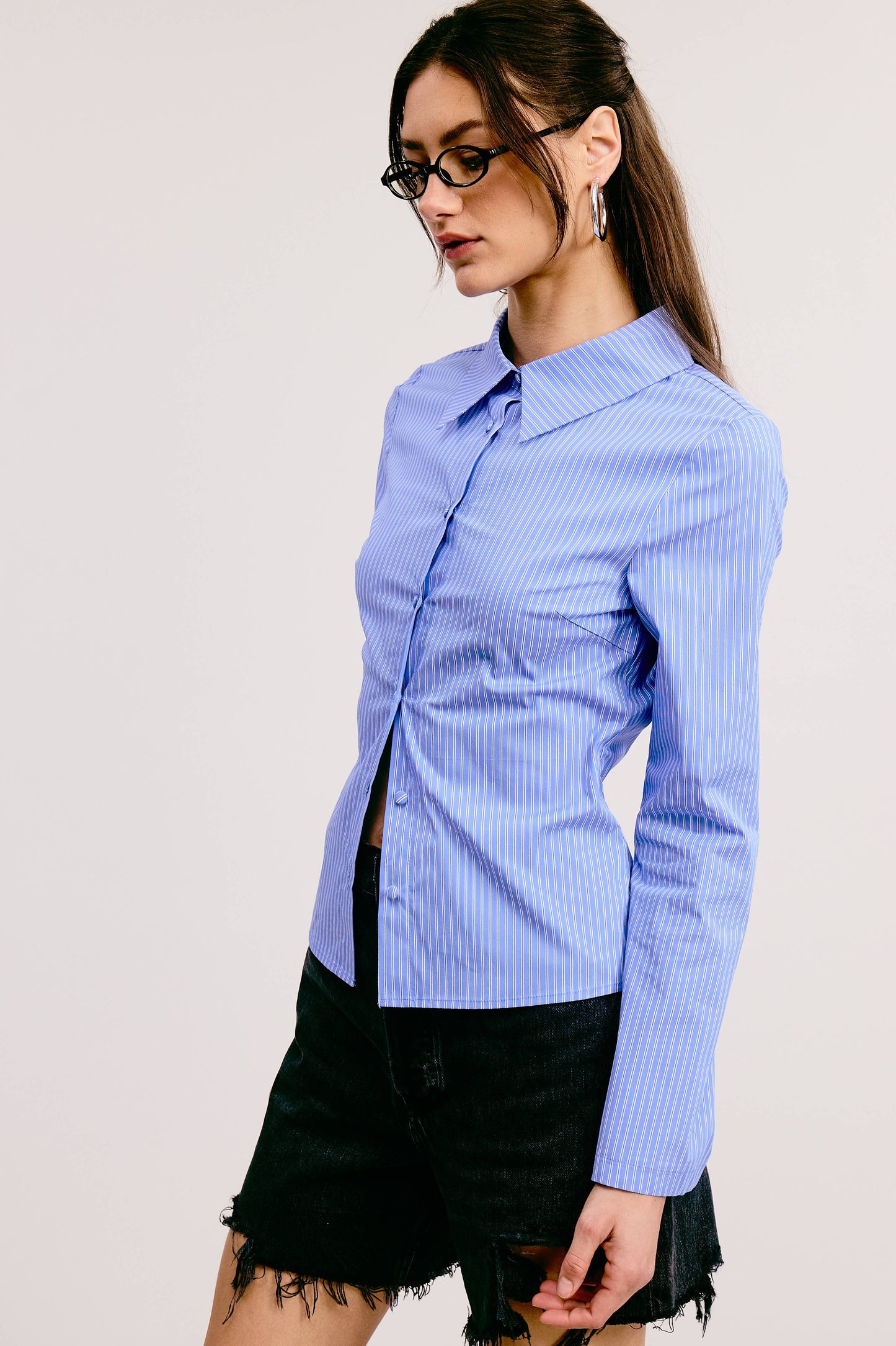 Pinstripe Fitted Button Down Shirt with Flared Sleeves