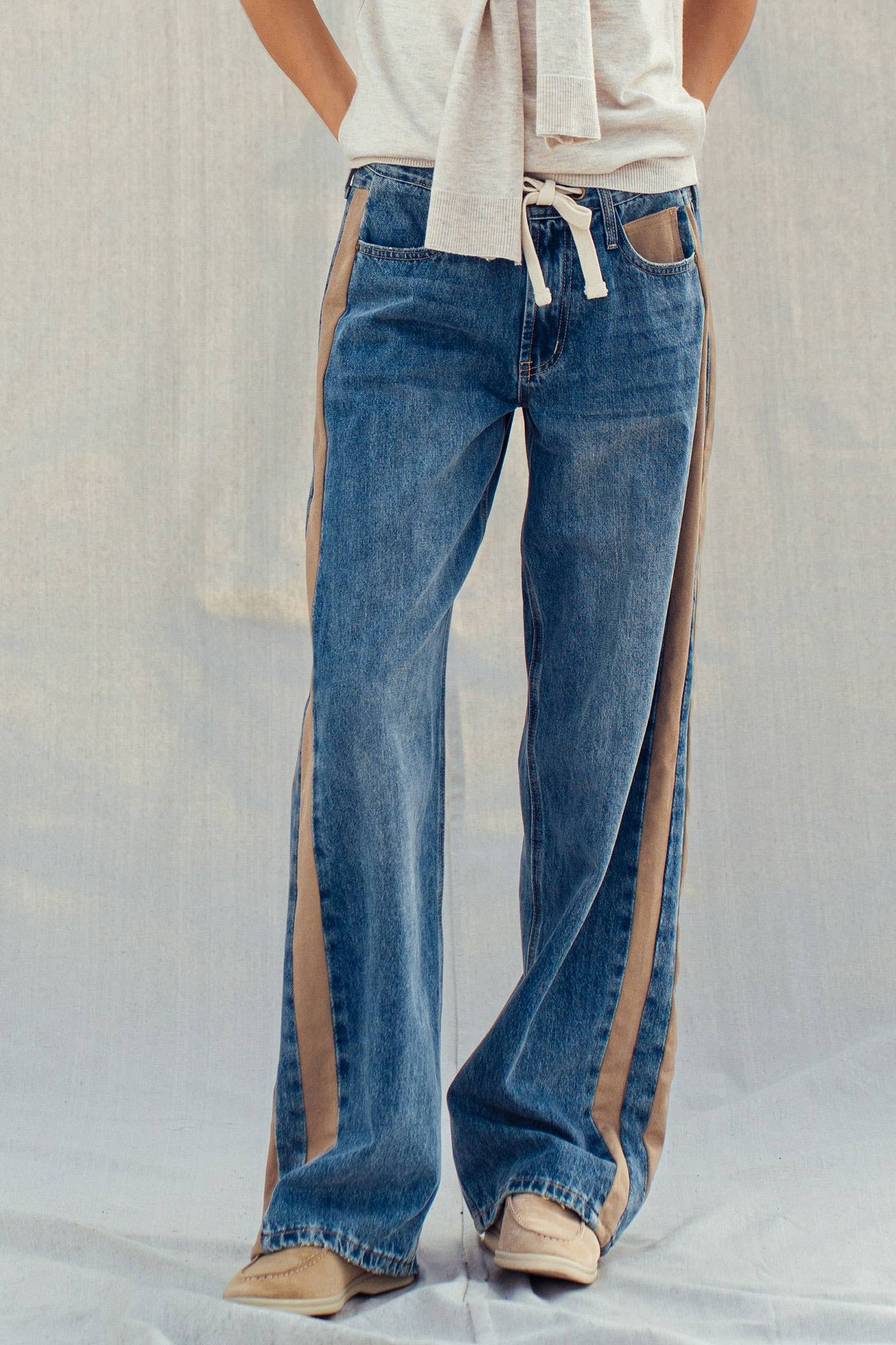 Slouchy Relaxed Wide-Leg Utility Stripe Denim Jeans
