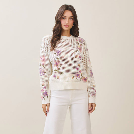 Floral Print Open Knit Sweater