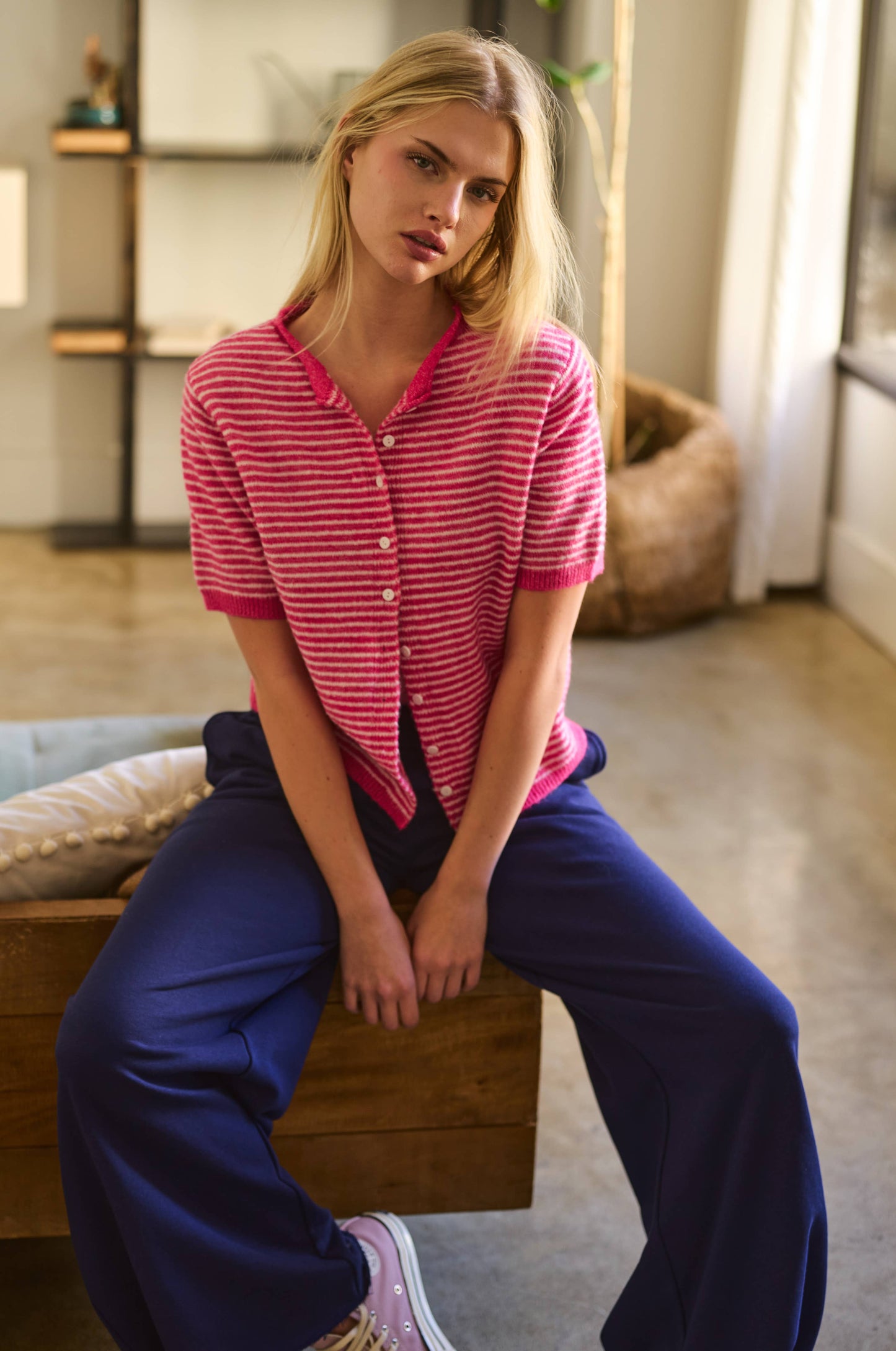 Muse Striped Short Sleeve Button Cardigan