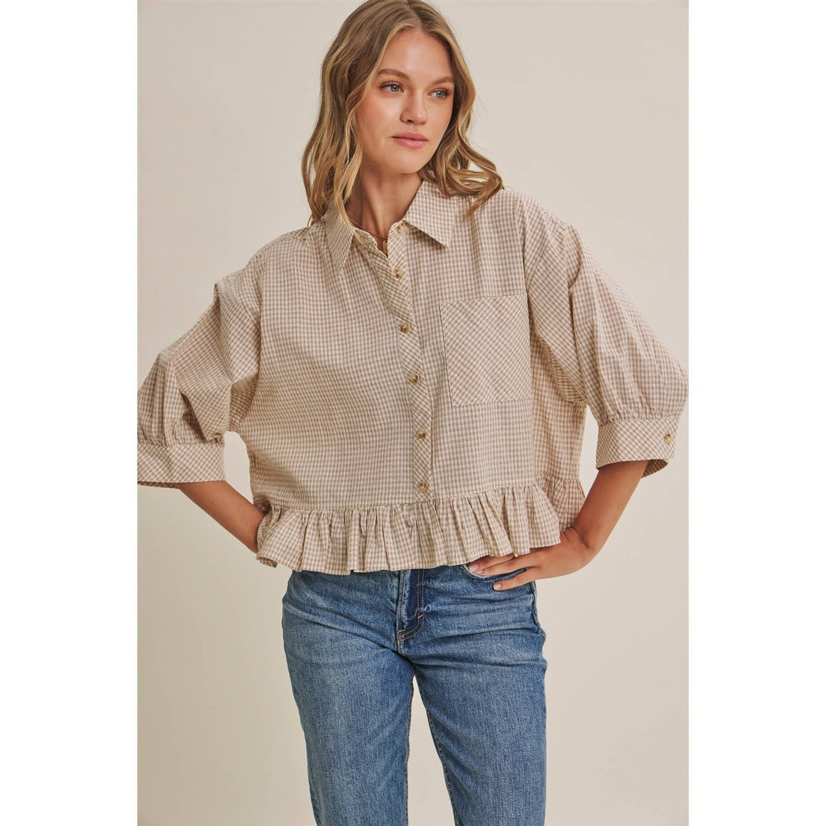 Morning Oat Micro Check Ruffle Hem Button-Down Shirt