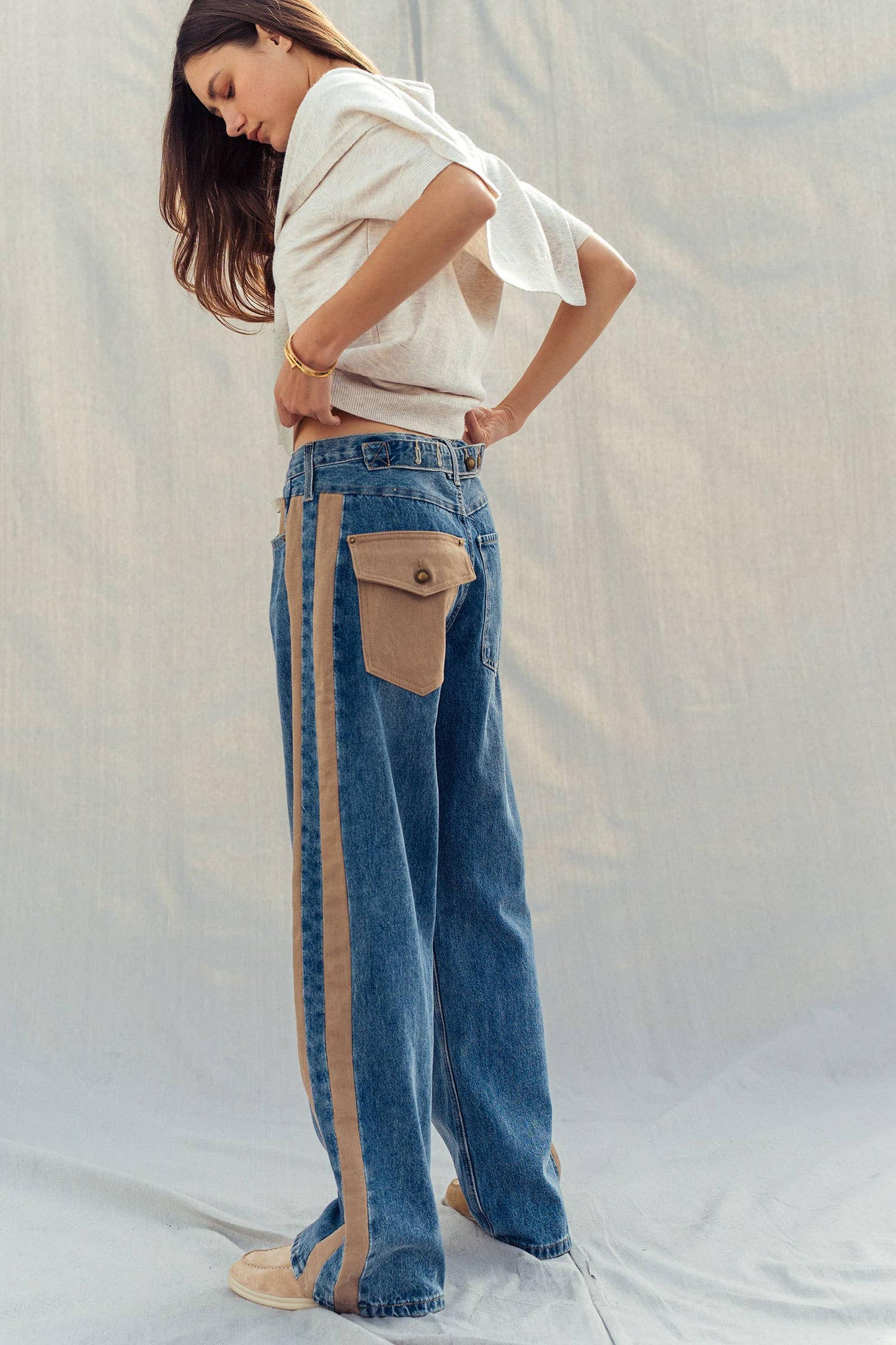Slouchy Relaxed Wide-Leg Utility Stripe Denim Jeans