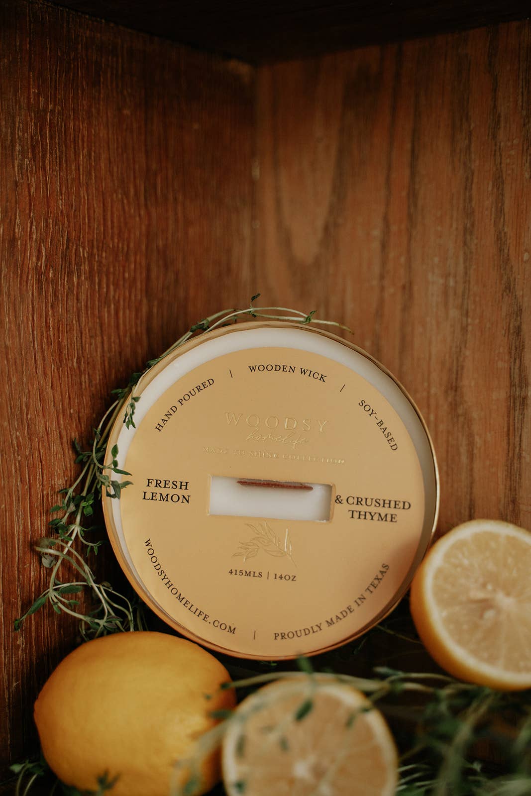 Fresh Lemon & Crushed Thyme Solid Brass 14oz Soy Candle