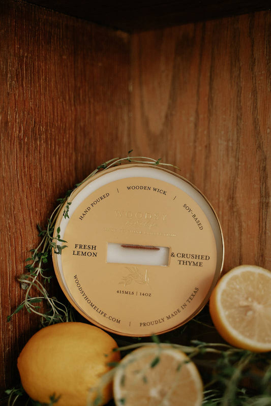 Fresh Lemon & Crushed Thyme Solid Brass 14oz Soy Candle