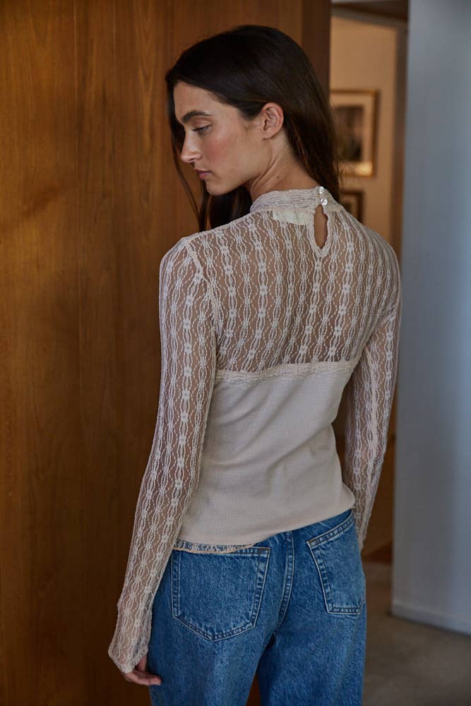 Sheer Lace Mock Neck Top with Ruffle Sleeve Detail
