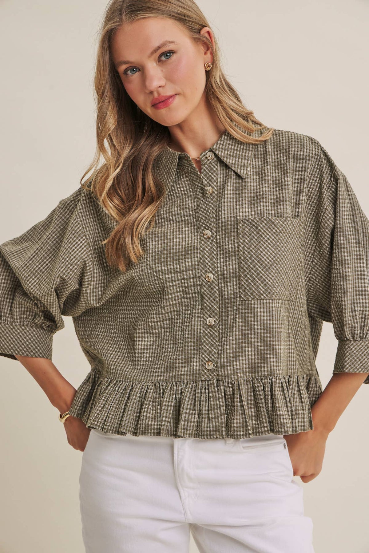 Morning Oat Micro Check Ruffle Hem Button-Down Shirt