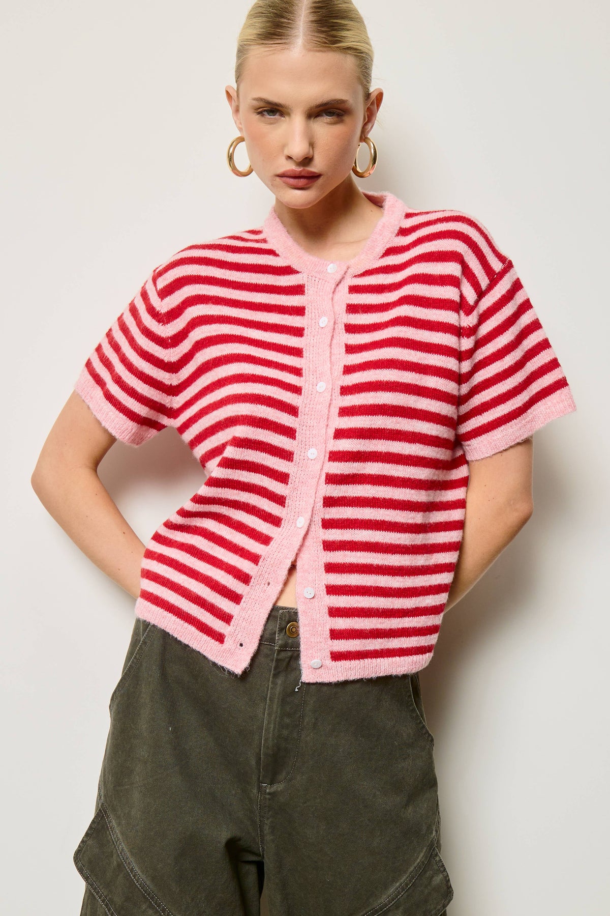 Striped Short Sleeve Knit Cardigan