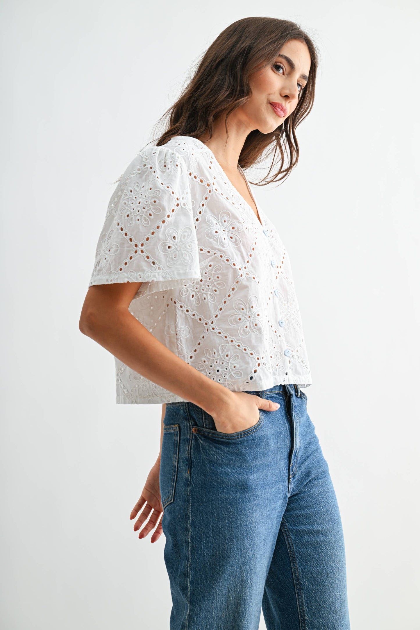 White Broderie Anglaise Short Sleeve Blouse