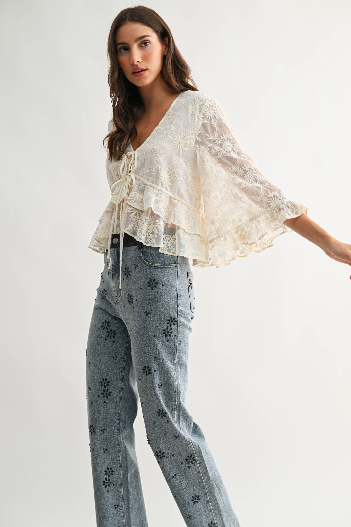 Boho Embroidered Sheer Bell Sleeve Top