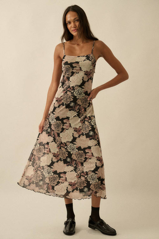 Floral-Print Mesh Midi Slip Dress