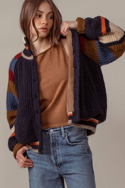 Chunky Rib-Knit Faux Fur Lined Cardigan