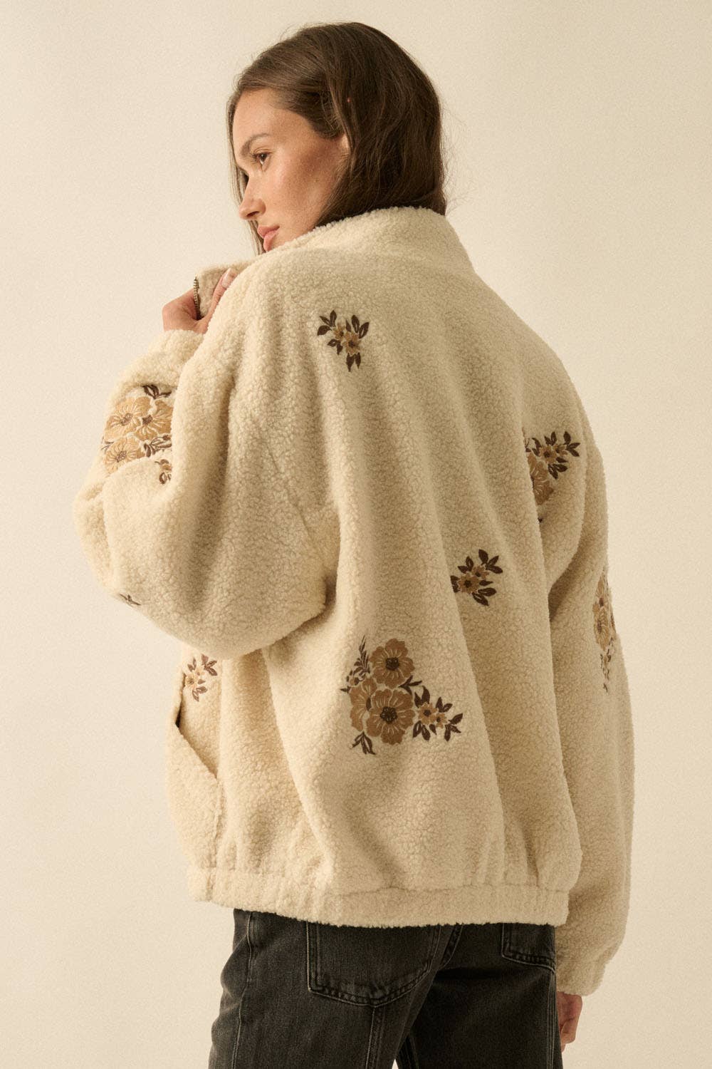 Floral-Embroidered Sherpa Fleece Zip-Up Jacket