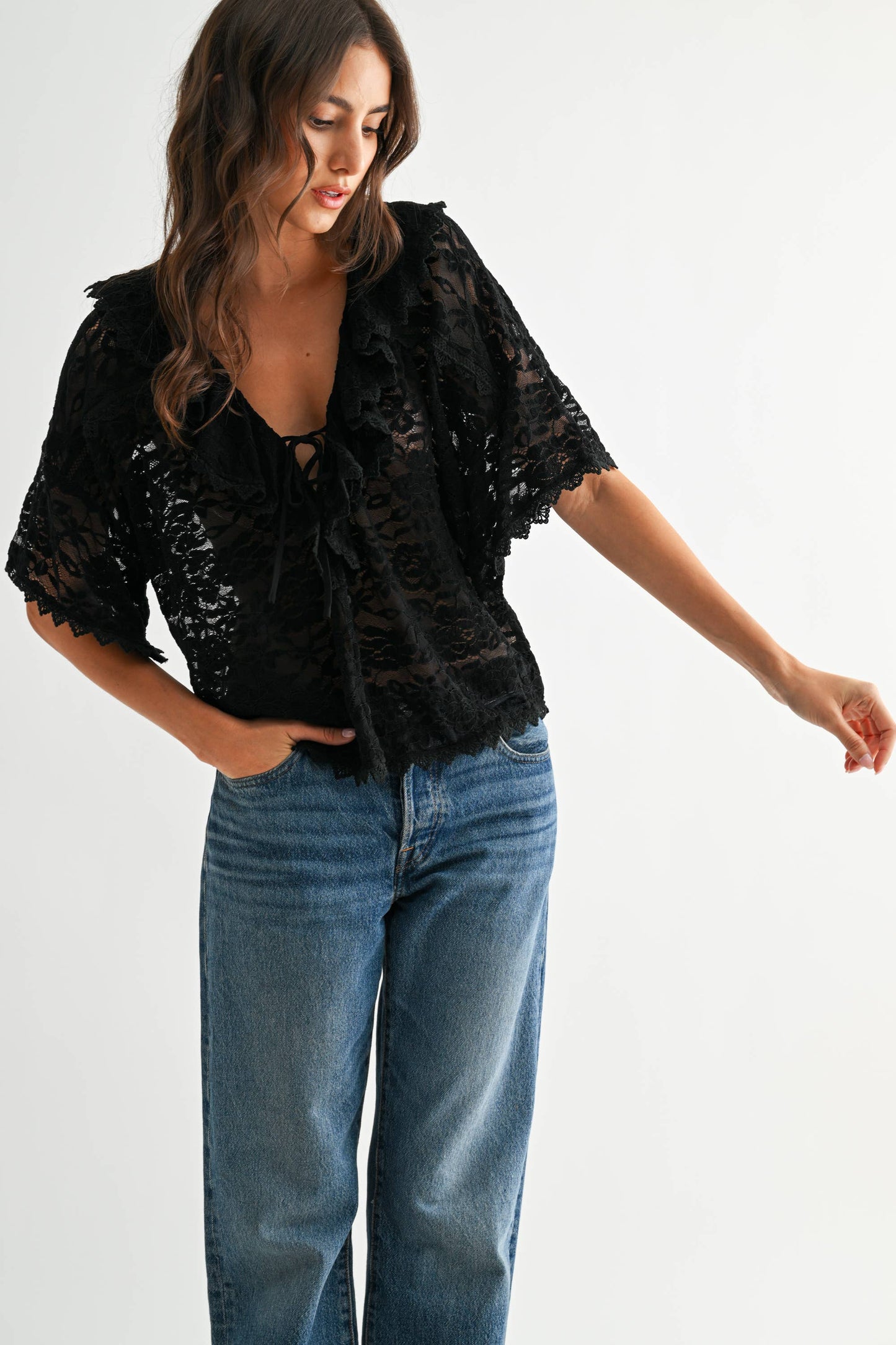 Ruffle Trim LaceTie Front Top