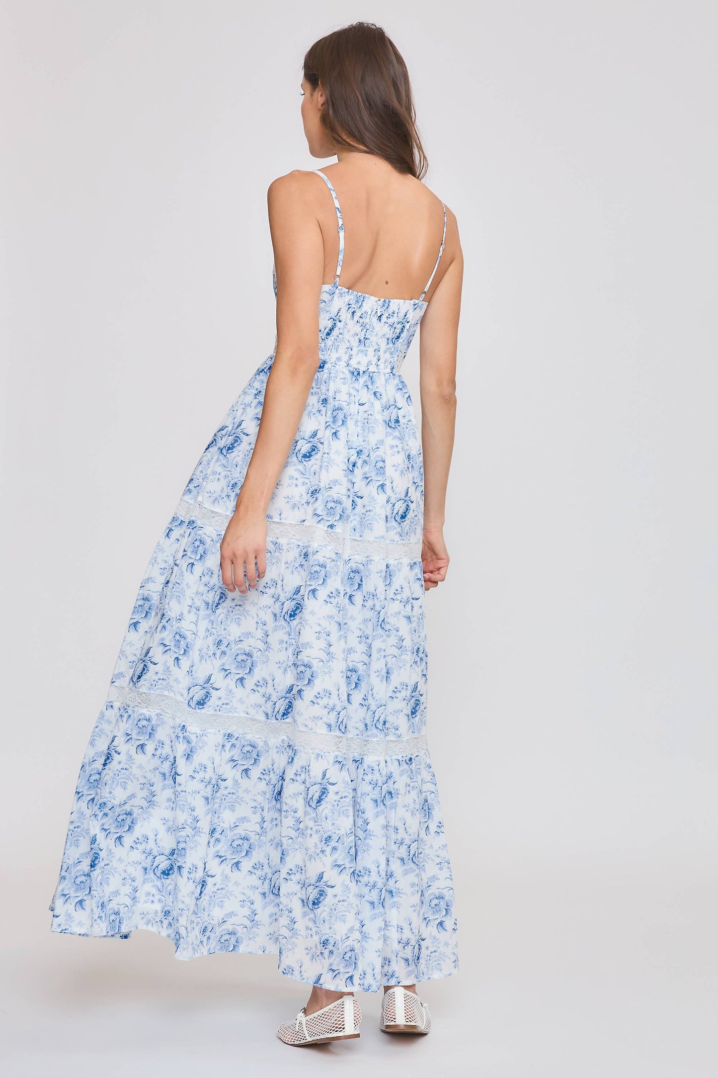 100% Cotton Floral Midi Dress with Lace Trim
